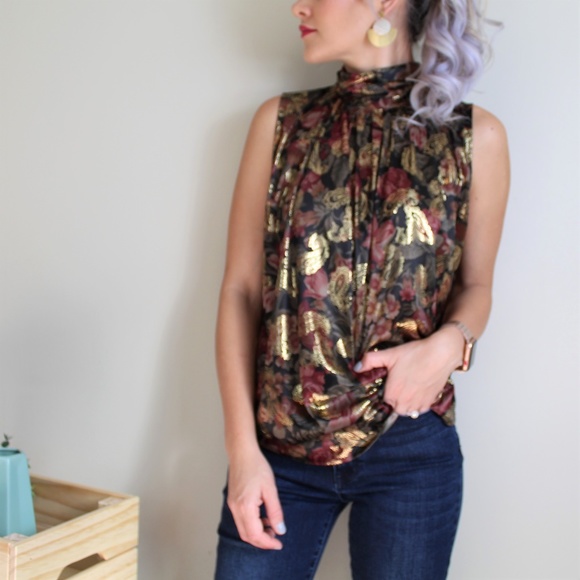Vintage Tops - Vintage Dina Ariel Mock Neck Metallic Blouse
